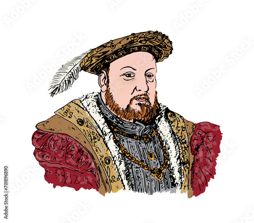 Portrait of King Henry VIII of England (1491 - 1547), hand drawn illustration