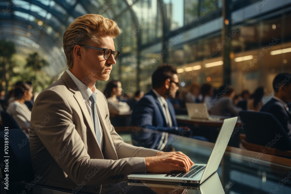 Businessman at a cafe with a laptop, deep in concentration. Businessman at a cafe with a laptop, deep in concentration.