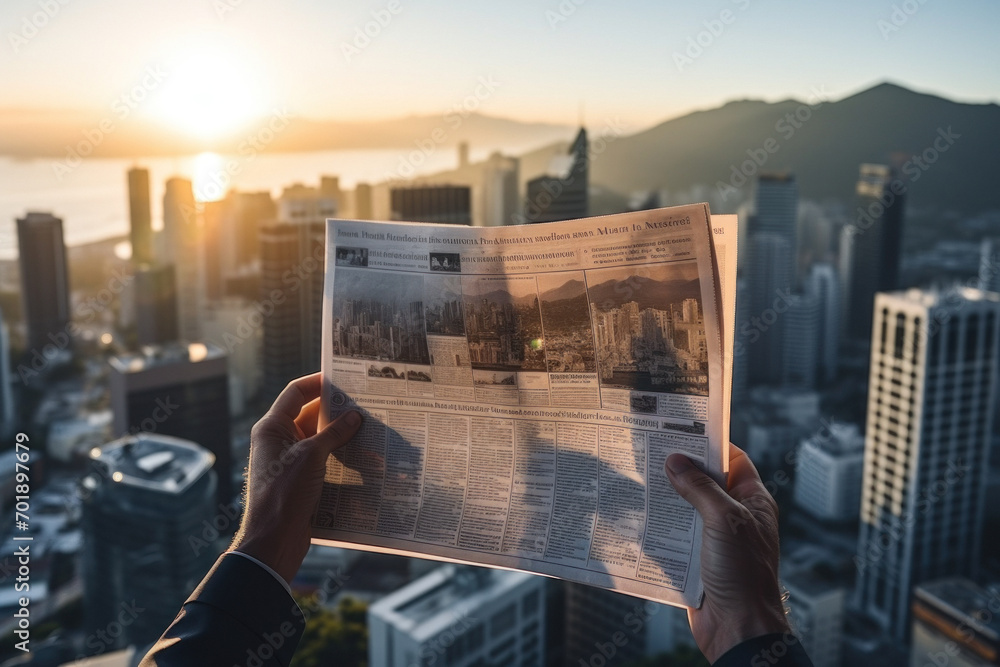 Hands hold a newspaper against a city dawn, the first rays highlighting the print and the awakening skyline in the backdrop - obrazy, fototapety, plakaty 