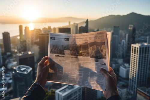 Hands hold a newspaper against a city dawn, the first rays highlighting the print and the awakening skyline in the backdrop photo