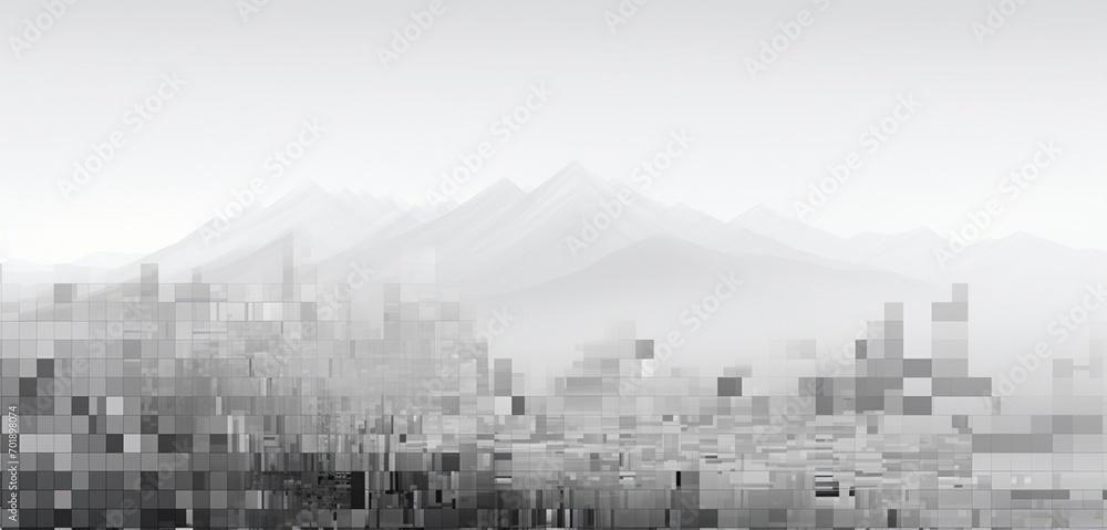 Fototapeta premium Abstract digital pixel design landscape in grey and white on a 3D textured wall, showcasing abstract digital pixel design