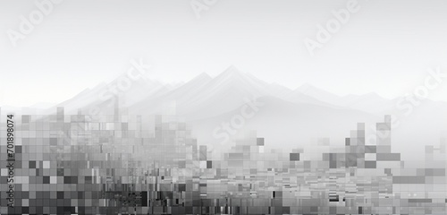 Abstract digital pixel design landscape in grey and white on a 3D textured wall, showcasing abstract digital pixel design photo