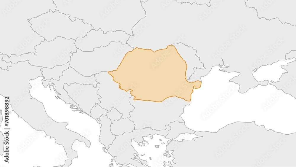 Animation of Romania country map on the world map. Animation of map zoom in with border and marking of major cities and capital of the country Romania. Background with alpha channel. Motion design. Animation of Romania country map on the world map. Animation of map zoom in with border and marking of major cities and capital of the country Romania. Background with alpha channel. Motion design.