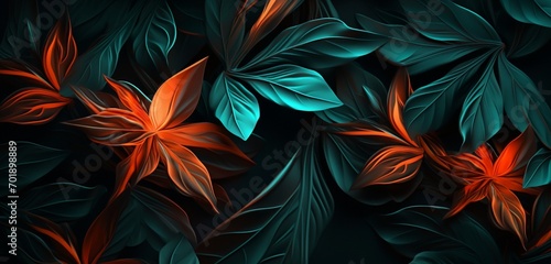 Dynamic neon light design with a pattern of green and orange leaves on a natural 3D textured surface