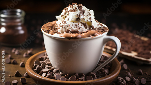 A cup of whipped cream topped hot cocoa