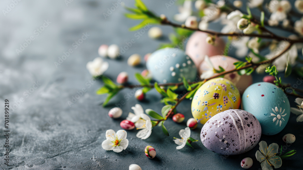 Pastel Easter eggs and flowers on gray background, Pastel Easter eggs and flowers on gray background,