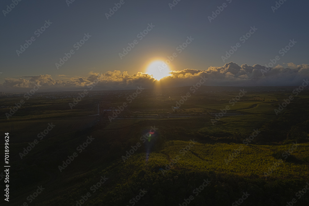 Aerial HDR view of sunrise from a hill near Trois Mamelles mountain which is located on Mauritius island