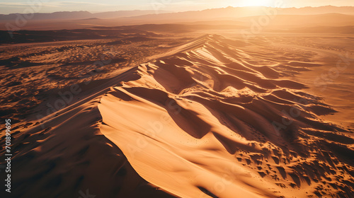 Aerial view of a desert during sunset  Drone shot of a dune  artificial intelligence