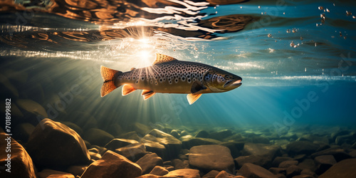 Under water view of rainbow trout swimming with sun rays in the background photo