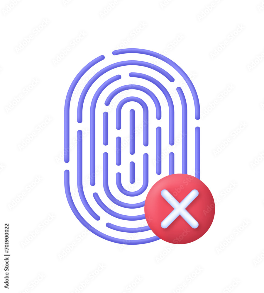 3D Fingerprint icon with cross mark. Something wrong. Fingerprint scanning. 3D Fingerprint icon with cross mark. Something wrong. Fingerprint scanning.