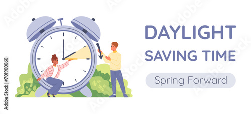 Daylight saving time banner. People change hands of the clock forward an hour during the dst period. Spring forward concept.
