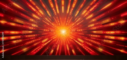 Luminous neon light design with a collection of red and yellow sunbursts on a sunny 3D textured wall