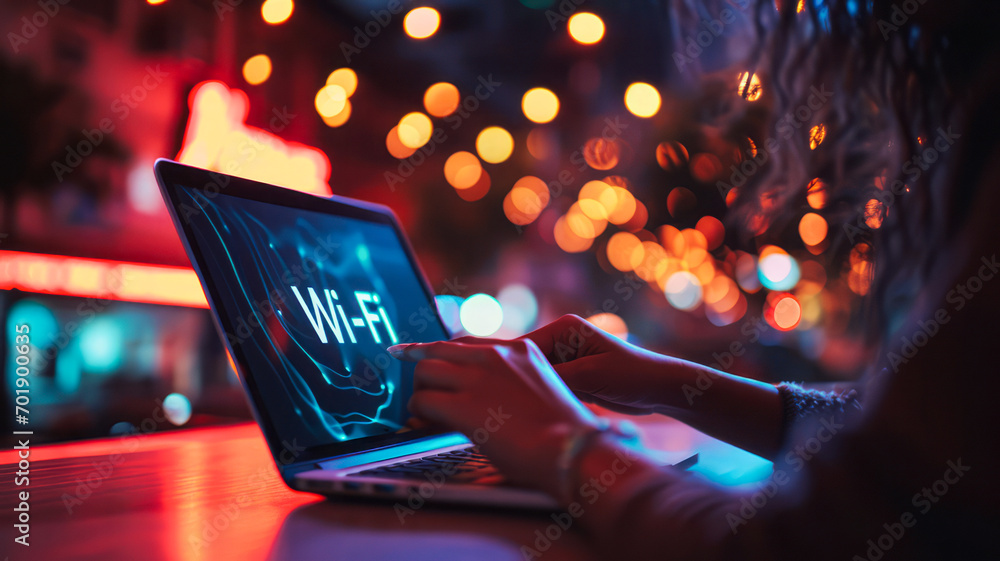 The "Wi-Fi 6" speed logo illuminates on a virtual screen as a businesswoman gestures and uses a laptop. Wi-Fi 6, the next-generation telecommunications technology. - obrazy, fototapety, plakaty 