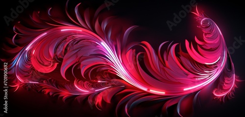 Luminous neon light graffiti featuring dark red and white feather designs on a plumage-inspired 3D background