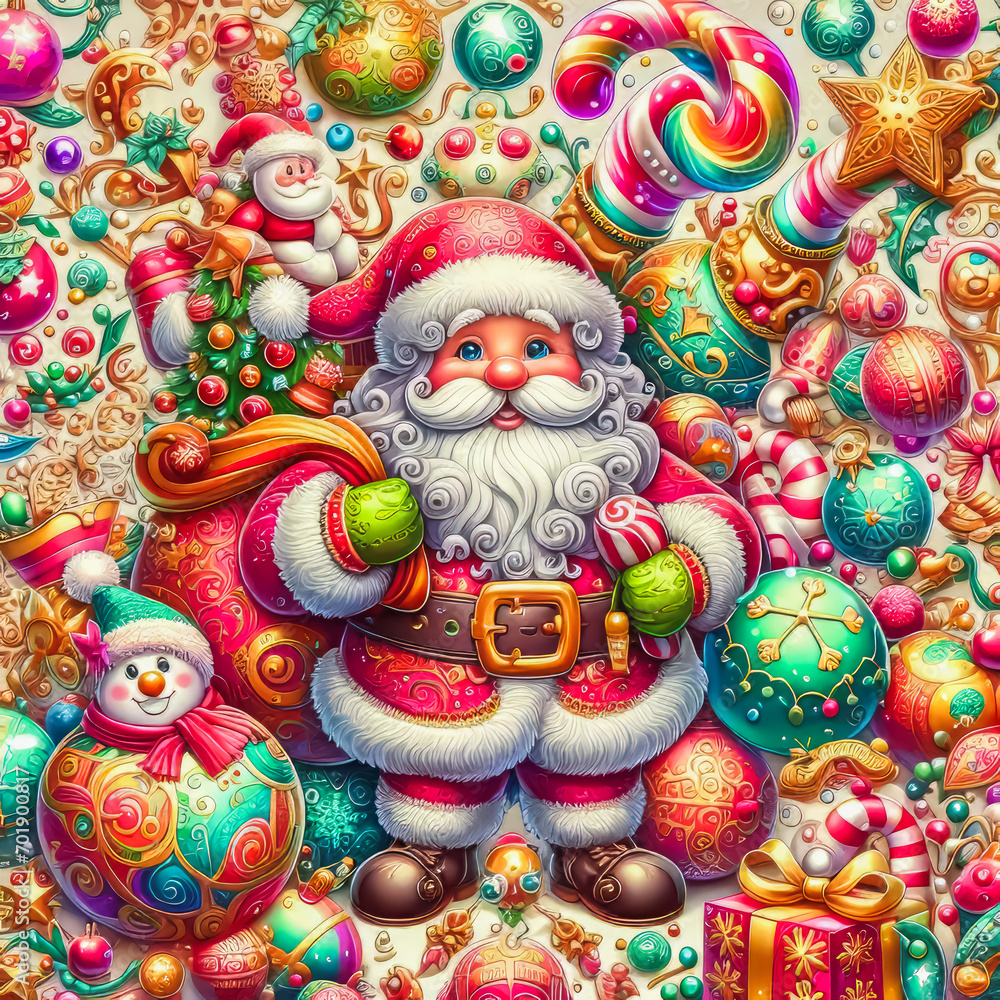 Colorful festive Christmas ornaments with a Santa Claus, 3d, cute and funny, , highly detailed, generative ai