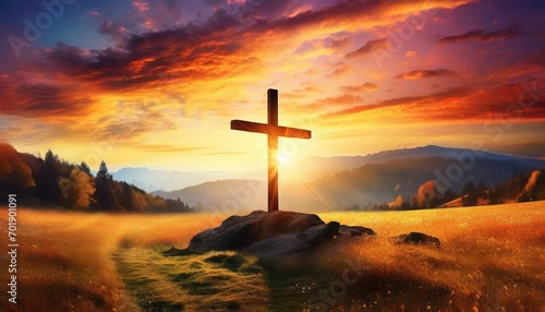 Fotografia Christian Cross - Symbol of Christianity - Mourn or Funeral Background - Crucifi