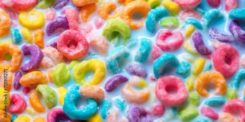 Rainbow bright sugar sweet cereal for breakfast with milk, textured close-up macro banner photo