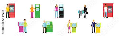 People Character Withdrawing Cash in ATM Terminal Vector Set