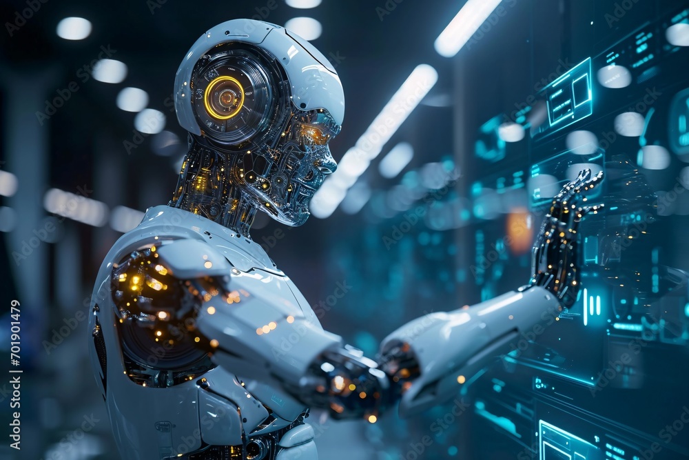 Fototapeta premium A businessman utilizes a digital chatbot as an assistant to access data and enhance business growth in the context of digital technology and AI.