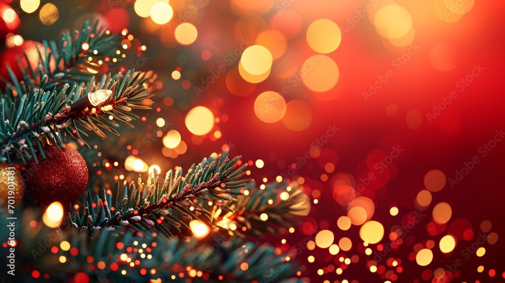 Festive border featuring evergreen sprigs, shimmering gold confetti, and twinkling lights on a crimson backdrop. Vibrant holiday and New Year's design. Vector art. Festive border featuring evergreen sprigs, shimmering gold confetti, and twinkling lights on a crimson backdrop. Vibrant holiday and New Year's design. Vector art.