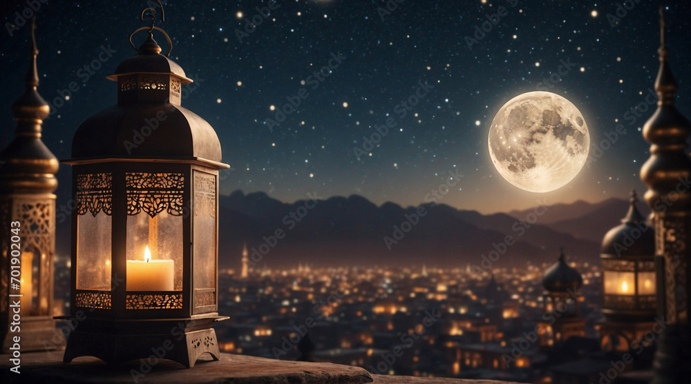 Traditional arabic lantern at night with full moon. Festive greeting card, holy month of muslim ramadan, invitation. - obrazy, fototapety, plakaty 