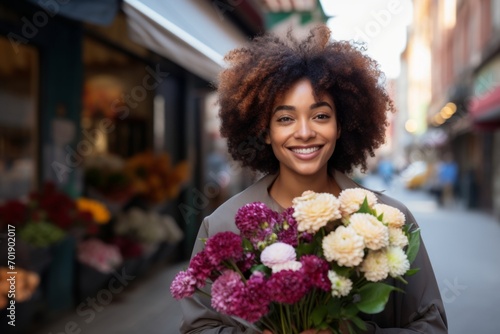 A happy worker african american woman holds flowers in his hands on the background of a shop window