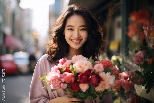 A happy worker asian woman holds flowers in his hands on the background of a shop window © vasyan_23