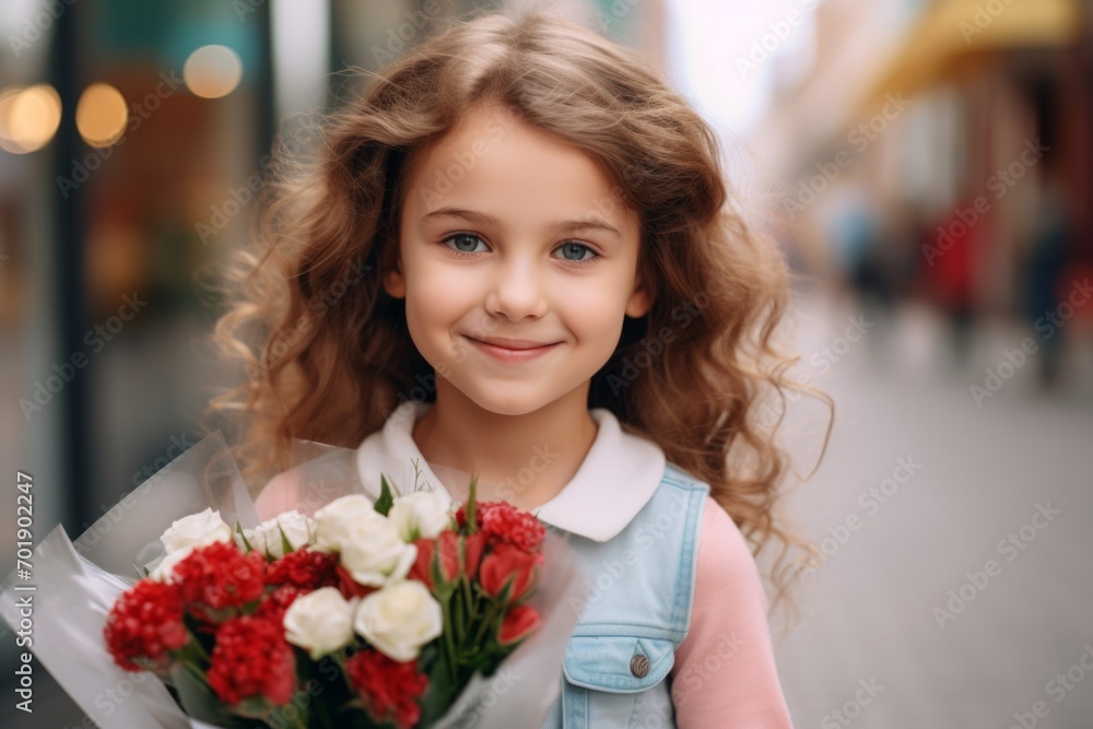 A happy worker child girl holds flowers in his hands on the background of a shop window A happy worker child girl holds flowers in his hands on the background of a shop window