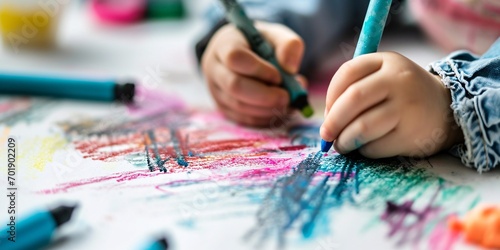 Young child creates art with pastel pencils on blank surface to celebrate paternal holiday. photo