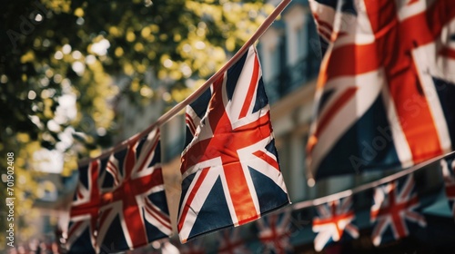 British flags displayed on the street in preparation for a national holiday. photo