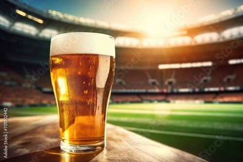 Cold Beer Glass on Stadium Background with Sun Flare