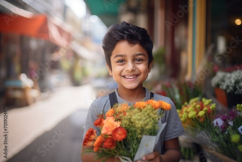 A happy worker indian child boy holds flowers in his hands on the background of a shop window © vasyan_23