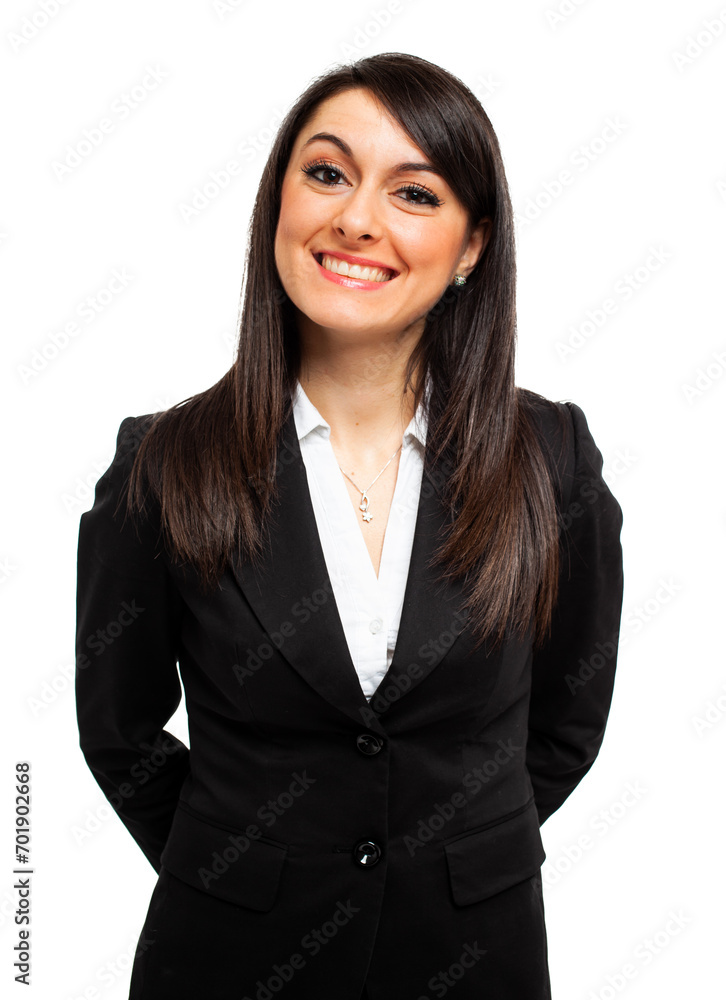 Professional businesswoman in a black suit smiling against a whi Professional businesswoman in a black suit smiling against a whi