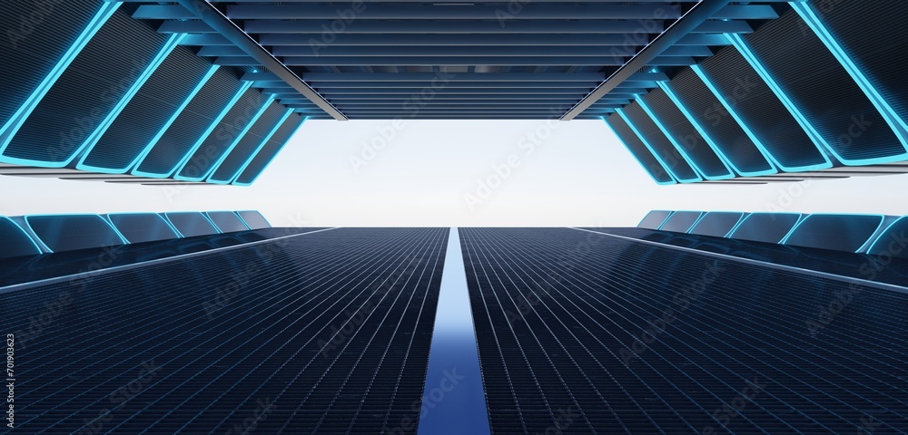 Fototapeta premium Sci Fi Tunnel PipeTechnology Futuristic Showroom Modern Tunnel Pipeline Floor and Wall of Futuristic Space and Exhibition Room Corridor 3D Illustration