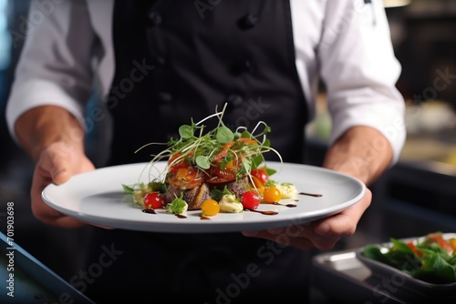 Chef Presenting Gourmet Dish with Artistic Garnish in Kitchen