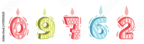 Birthday Number Wax Candle with Burning Light Vector Set