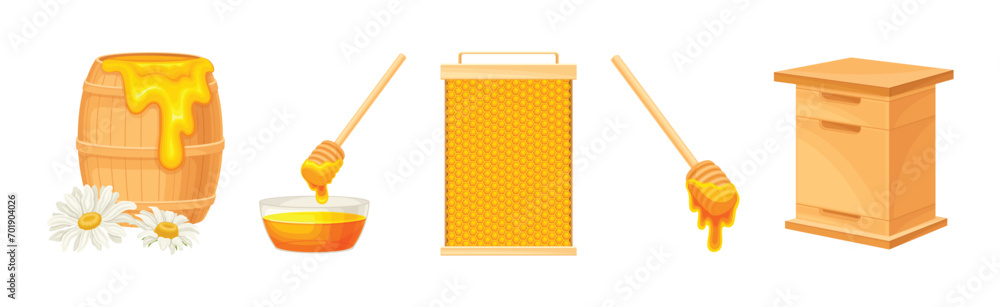 Honey Product with Barrel, Dipper and Honeycomb Vector Set Honey Product with Barrel, Dipper and Honeycomb Vector Set