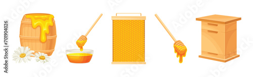 Honey Product with Barrel, Dipper and Honeycomb Vector Set