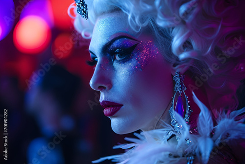 Drag queen at the bar, close-up, portrait of a person in a nightclub, in the style of cabaret scenes