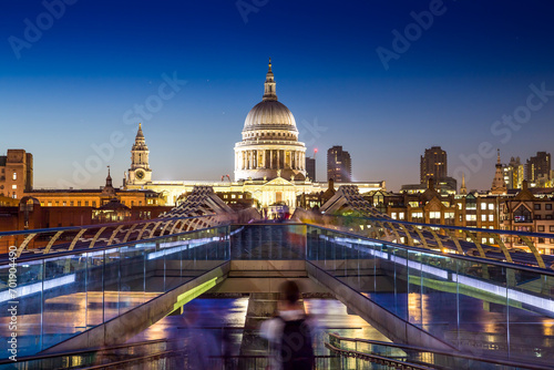 Millennium Bridge and St Paul's Cathedral in London at night