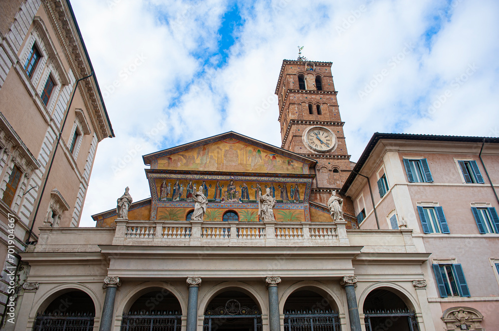Rome, Italy - February 21, 2023: Basilica of Santa Maria in Trastevere, Rome, Italy