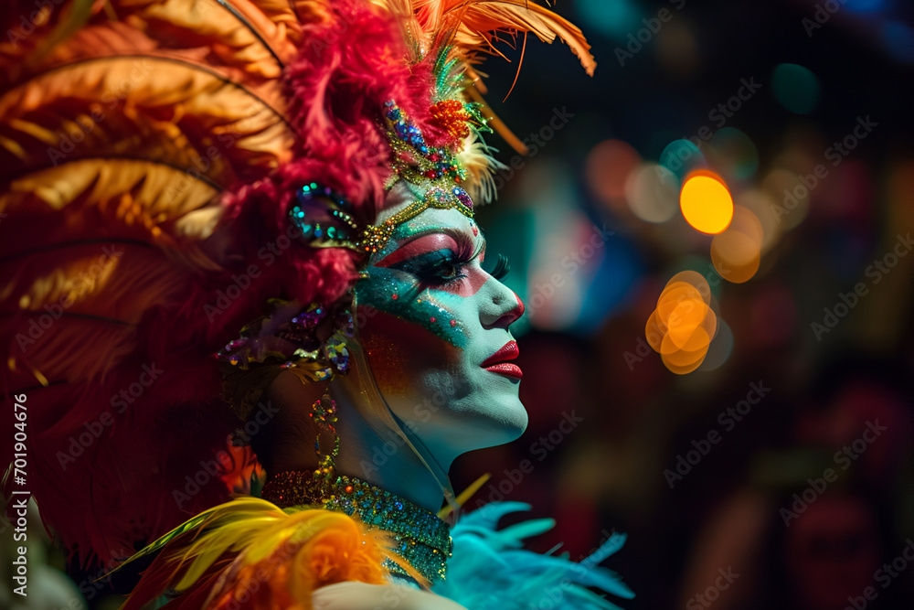 Drag queen in ptofile, close-up, carnival