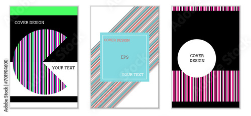 Geometric cover design, set of 3 covers. Abstract unusual background in Memphis style. Bright geometric shapes in random order