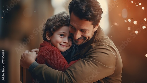 Horizontal AI illustration mid adult father and his elementary child hugging. Father's day.