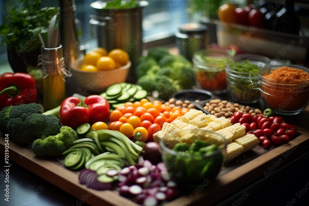 Capture of vegan meal preparation in a home kitchen, showcasing an abundance of vegetables and fruits.