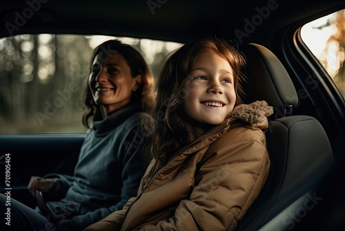 Joyful Road Trip: White Mother and Daughter Laughing in Car