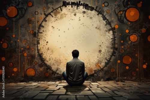 young man sitting silhouette in front of abstract circle background. felicity happiness or loneliness sadness and mental health spirituality meditation lifestyle concept banner.