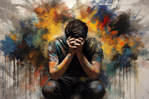 young adult man feeling depressed distressed and sad emotions on colorful background. abstract portrait painting illustration. headache stress loneliness lifestyle mental health concept. photo
