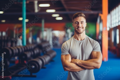 Fitness  gym and happy man personal trainer ready for workout coaching