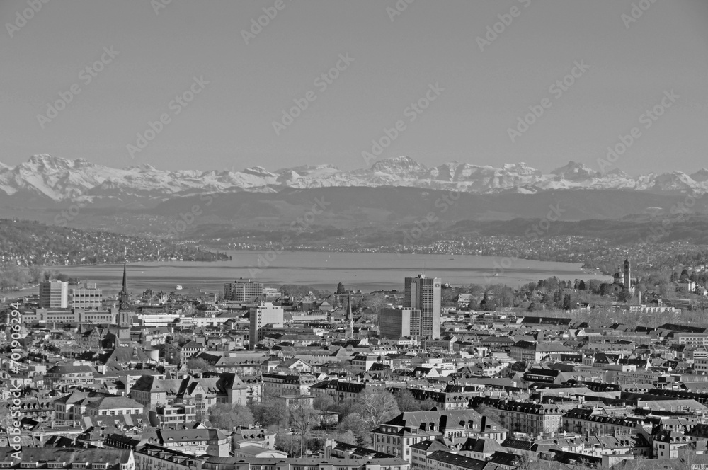 Panoramic view of Zürich city from Switzerlands second highest skyscraper to the University, ETH and old town